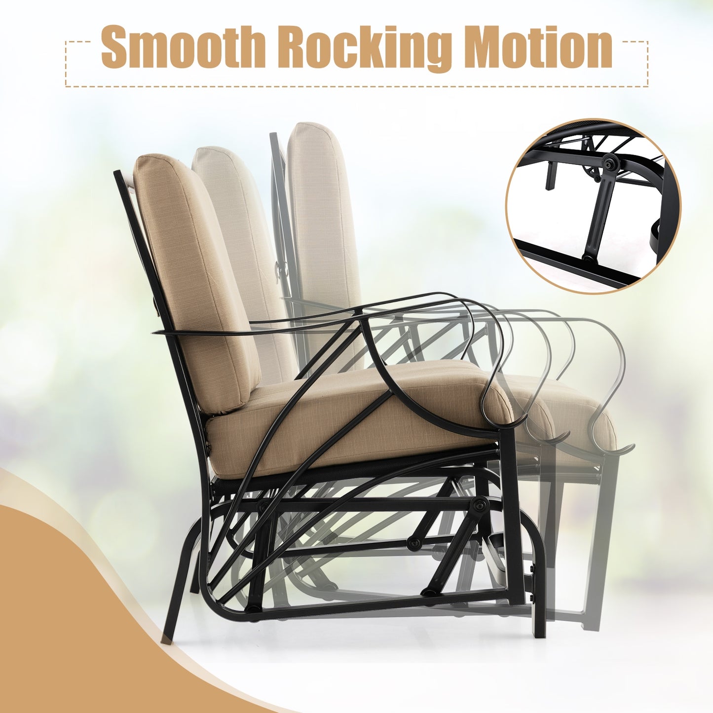Patio Glider Rocking Chair with Thick Cushion and Curved Armrest-Tan (Assembled)