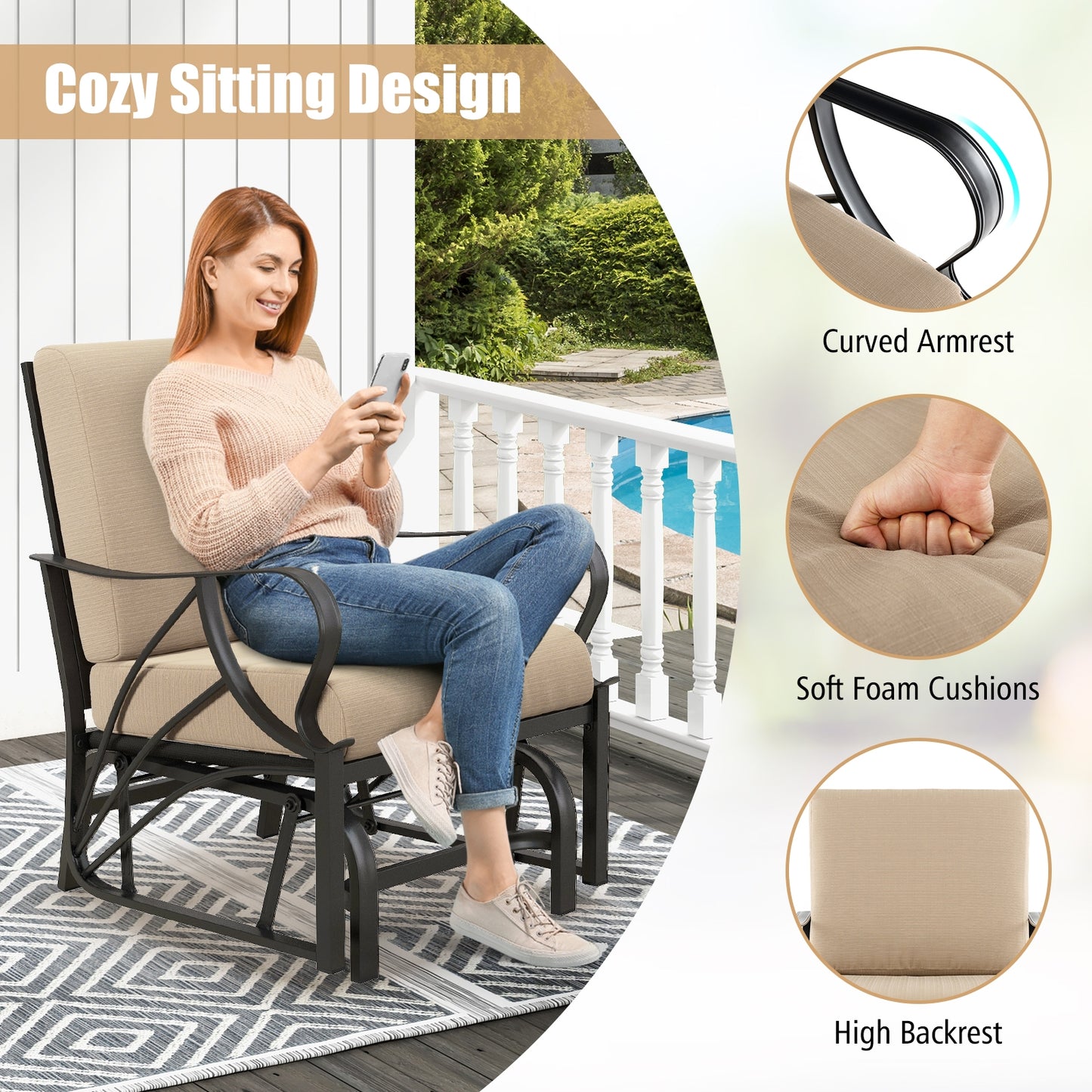 Patio Glider Rocking Chair with Thick Cushion and Curved Armrest-Tan (Assembled)