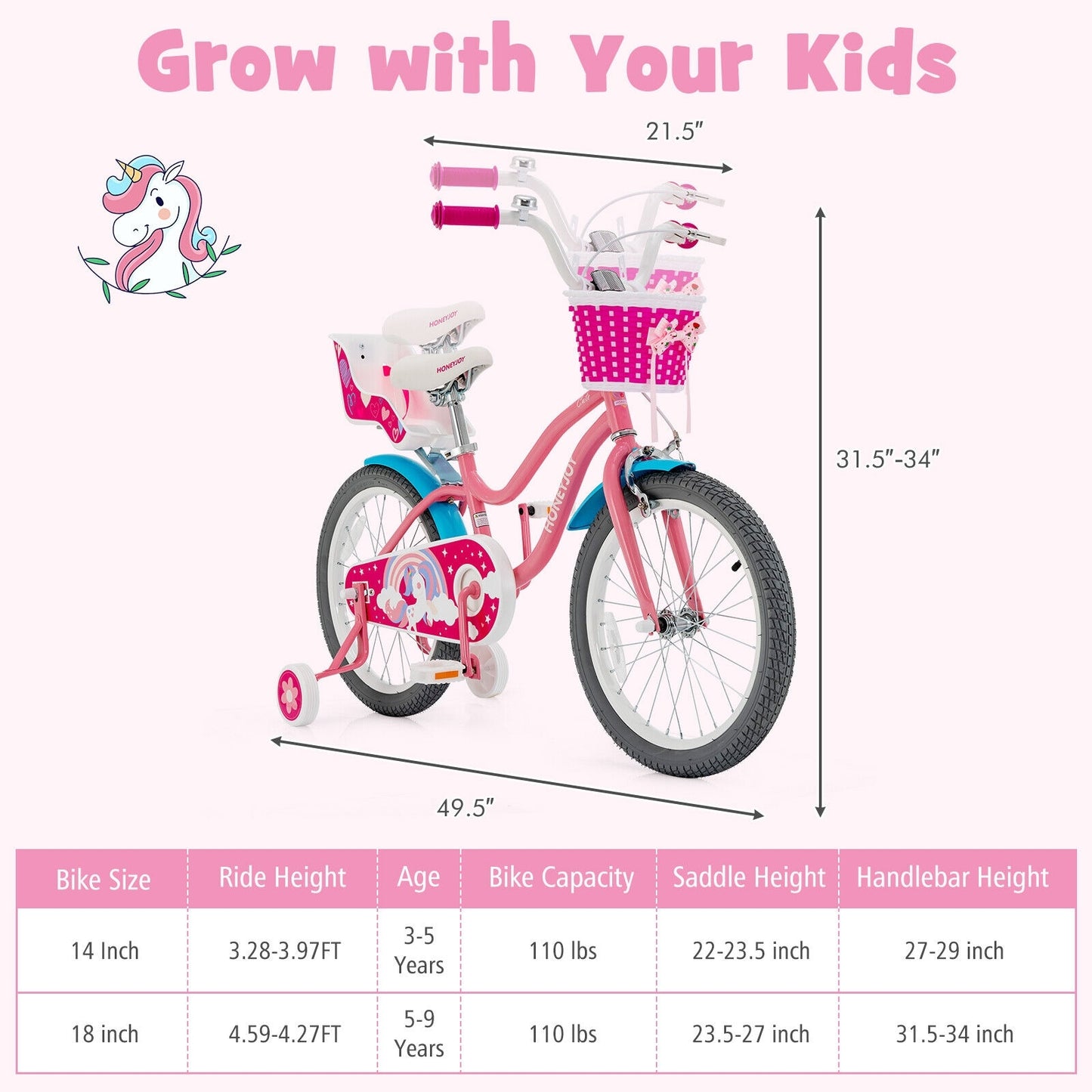 18``Kids Bicycle with Training Wheels and Basket - Pink