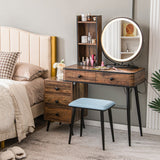 Vanity Table Set with 3-Color Lighted Mirror and Cushioned Stool-Rustic Brown - Assembled