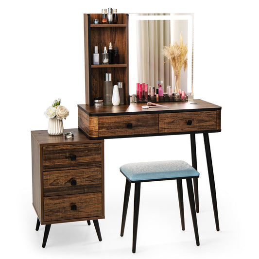 Vanity Makeup Table Set with Lighted Mirror-Brown (1 Box, Unassembled)