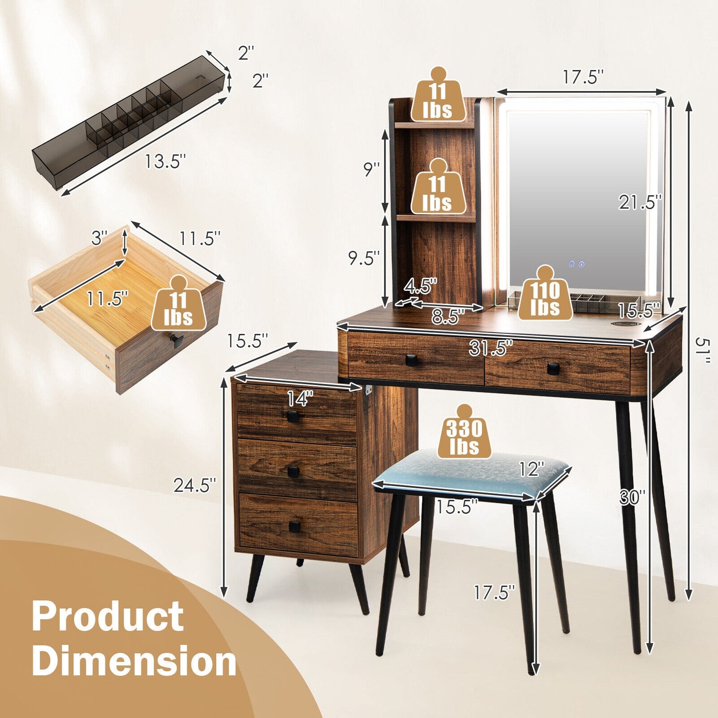 Vanity Makeup Table Set with Lighted Mirror-Brown (1 Box, Unassembled)