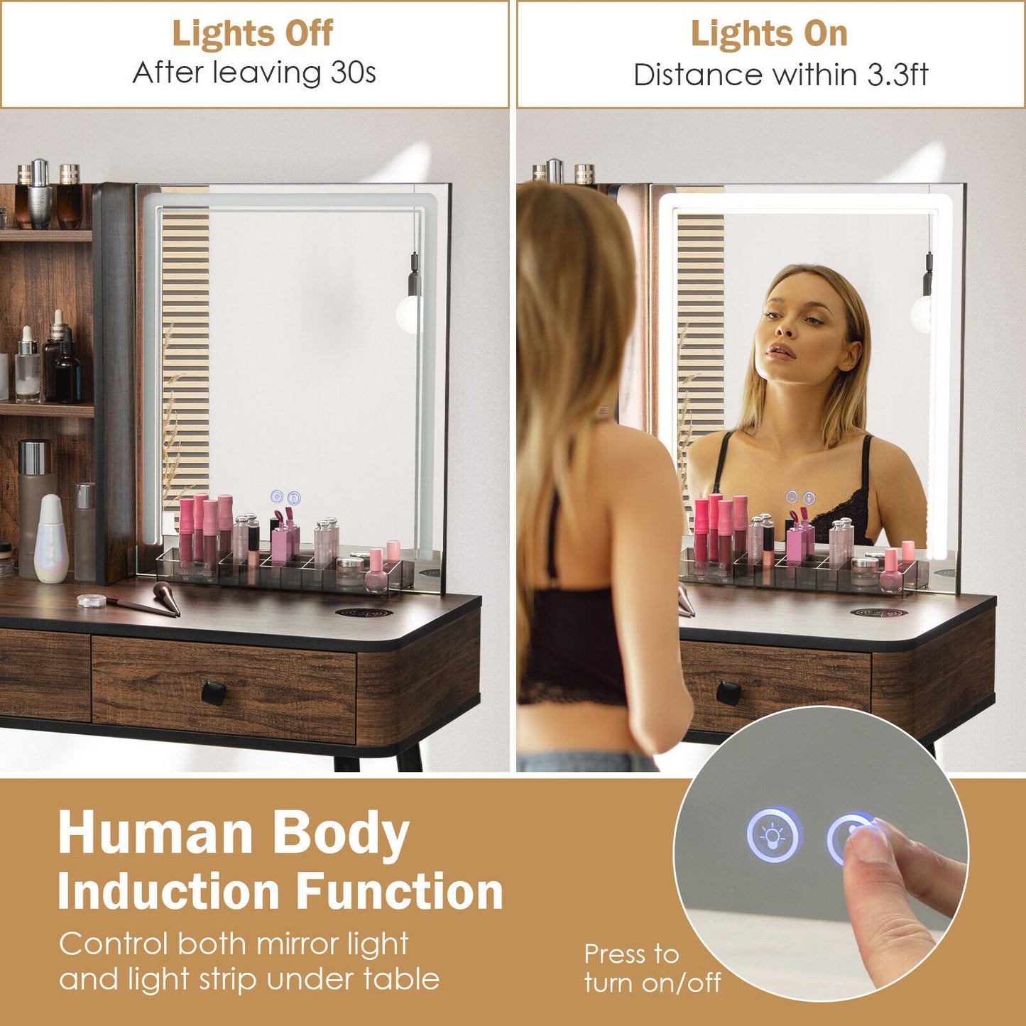 Vanity Makeup Table Set with Lighted Mirror-Brown (1 Box, Unassembled)