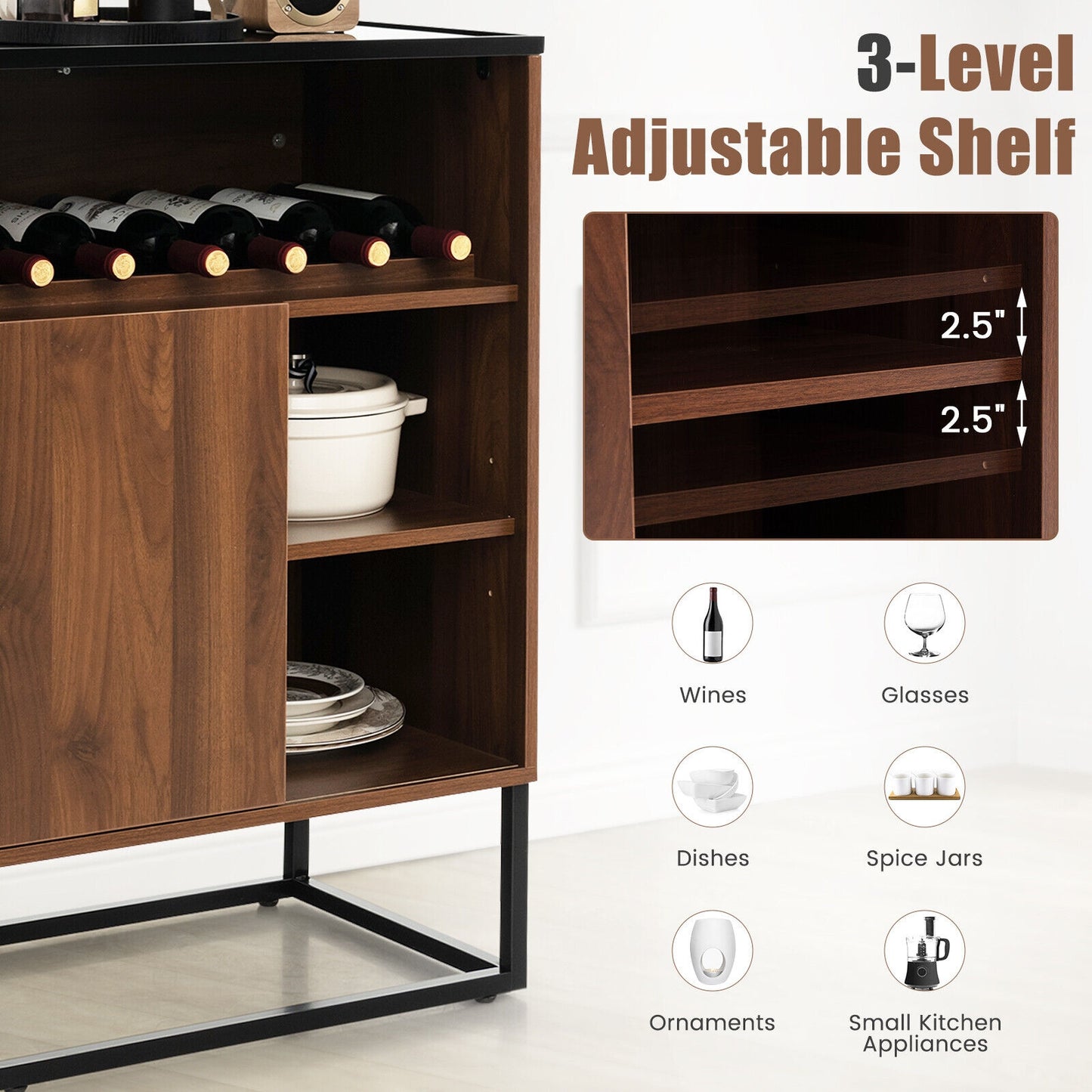 Wine Storage Cabinet Buffet Sideboard with Adjustable Shelf and Sliding Door-Brown