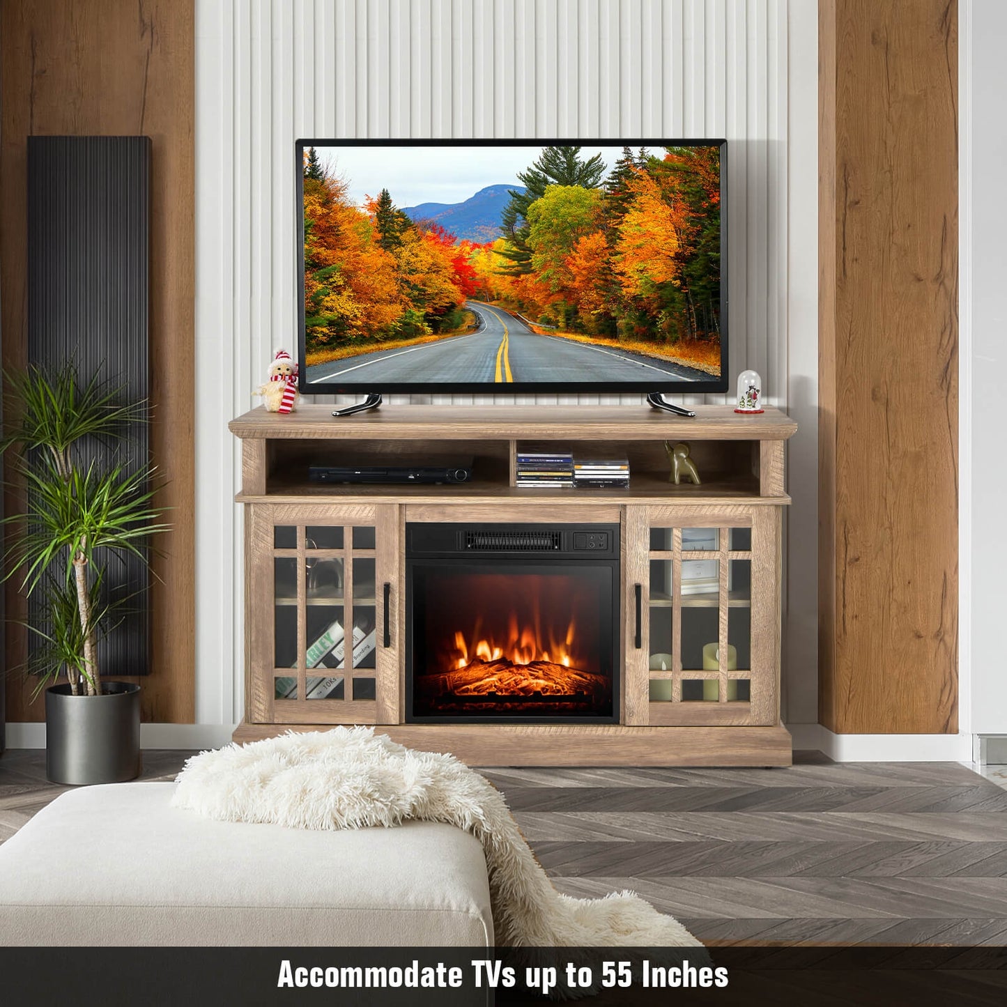 48 Inch Electric Fireplace TV Stand with Cabinets for TVs Up to 55 Inch-Natural*fully assembled*