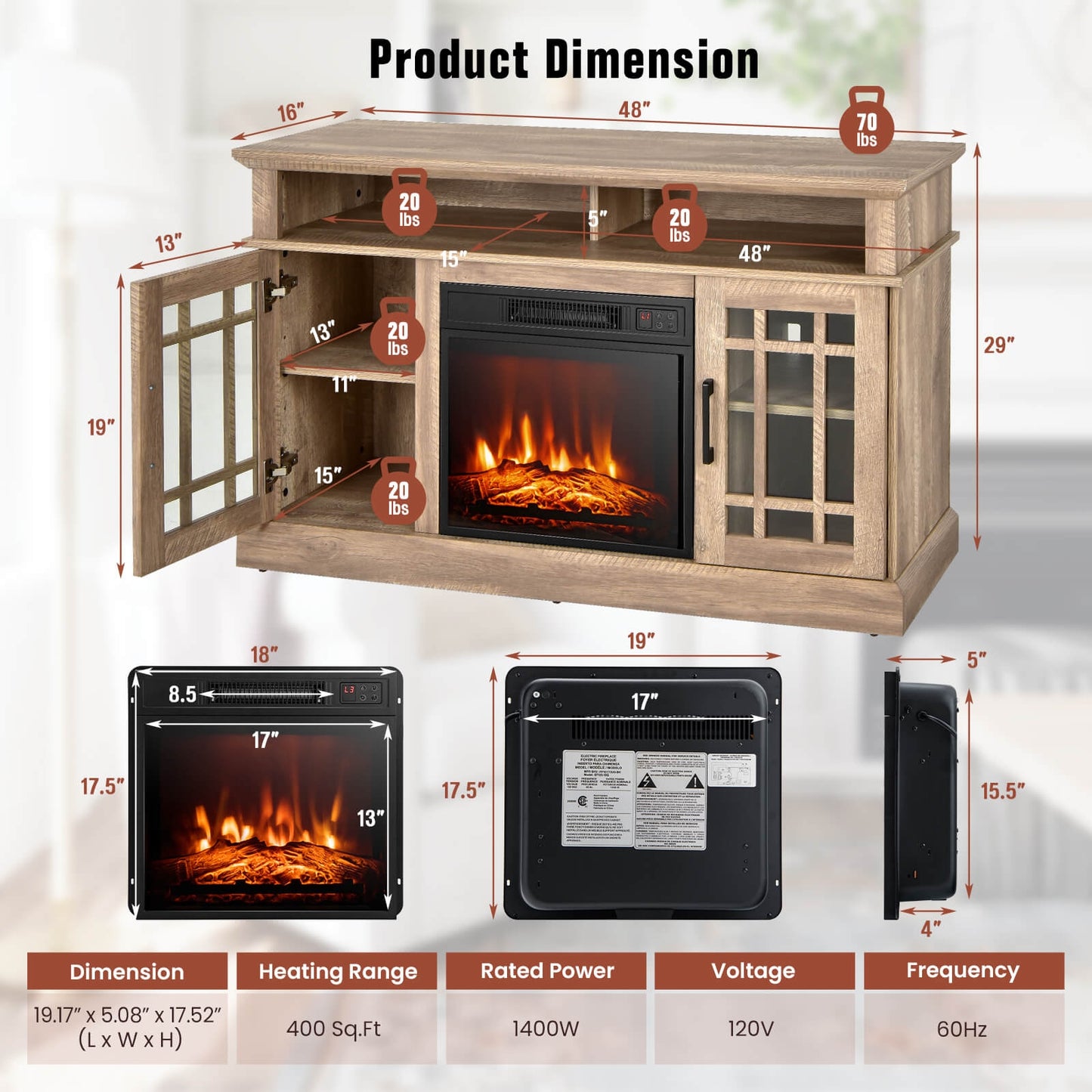 48 Inch Electric Fireplace TV Stand with Cabinets for TVs Up to 55 Inch-Natural*fully assembled*