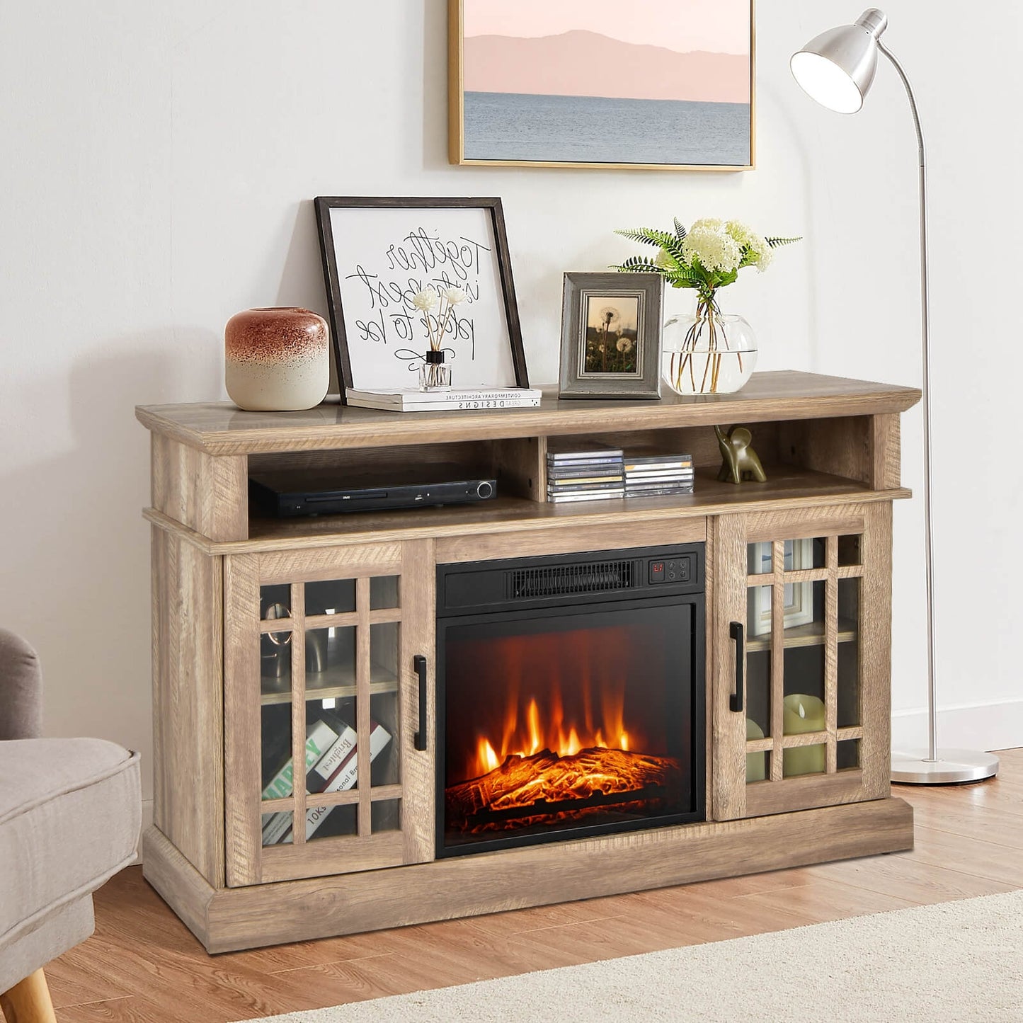 48 Inch Electric Fireplace TV Stand with Cabinets for TVs Up to 55 Inch-Natural*fully assembled*