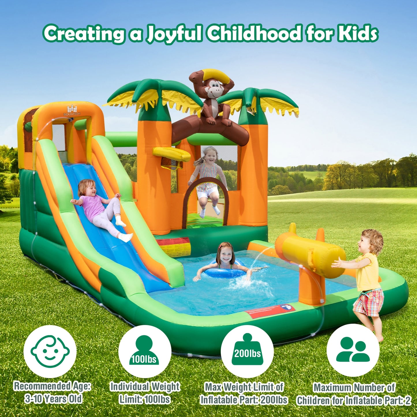 Monkey-Themed Inflatable Bounce House with Slide without Blower