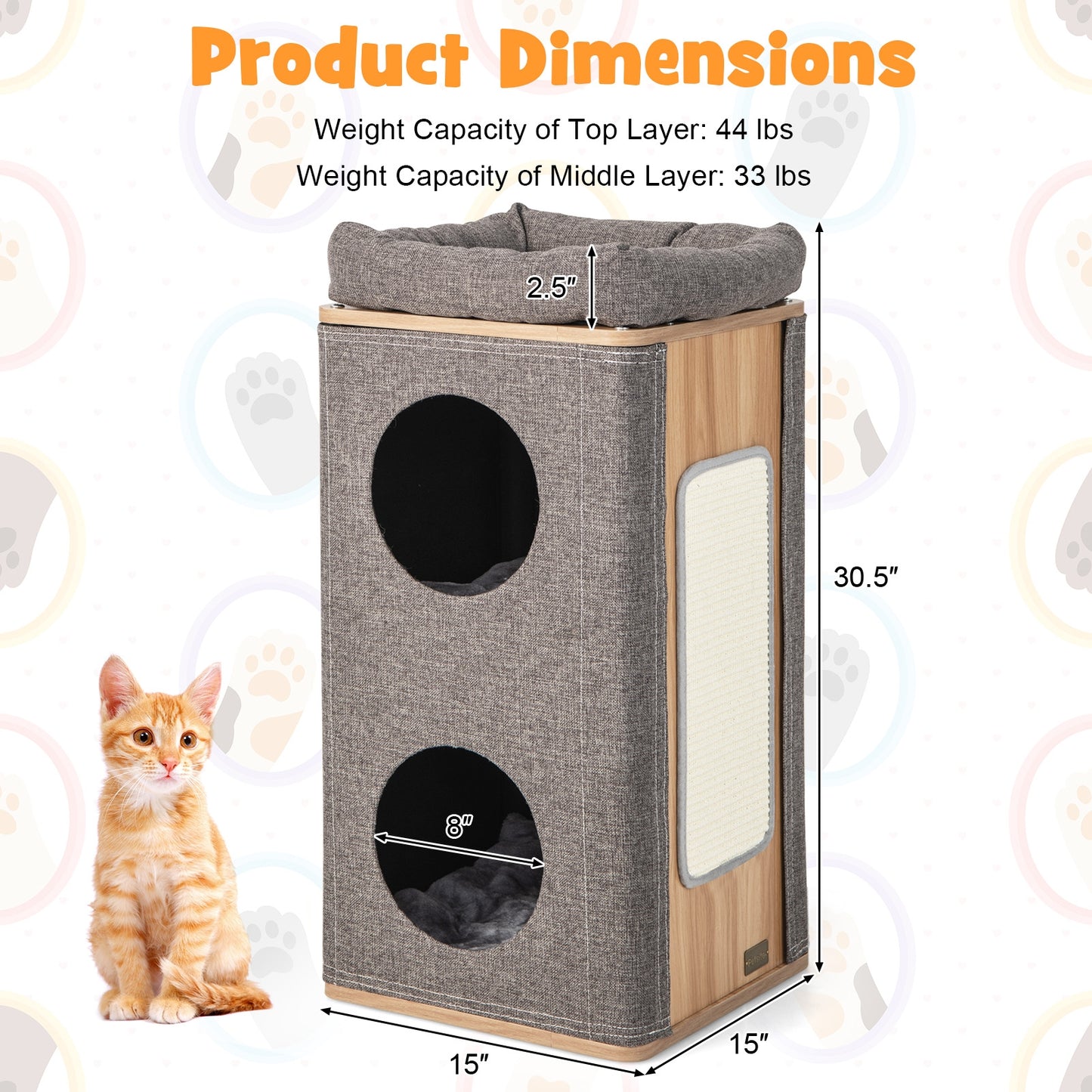 3-Story Cat House with Scratching Board for Indoor Cats, Fully Assembled