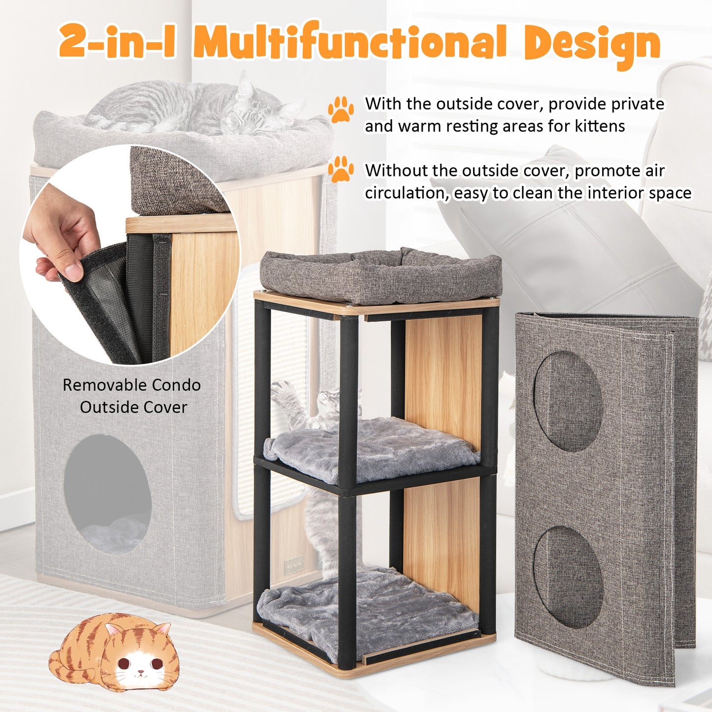 3-Story Cat House with Scratching Board for Indoor Cats, Fully Assembled