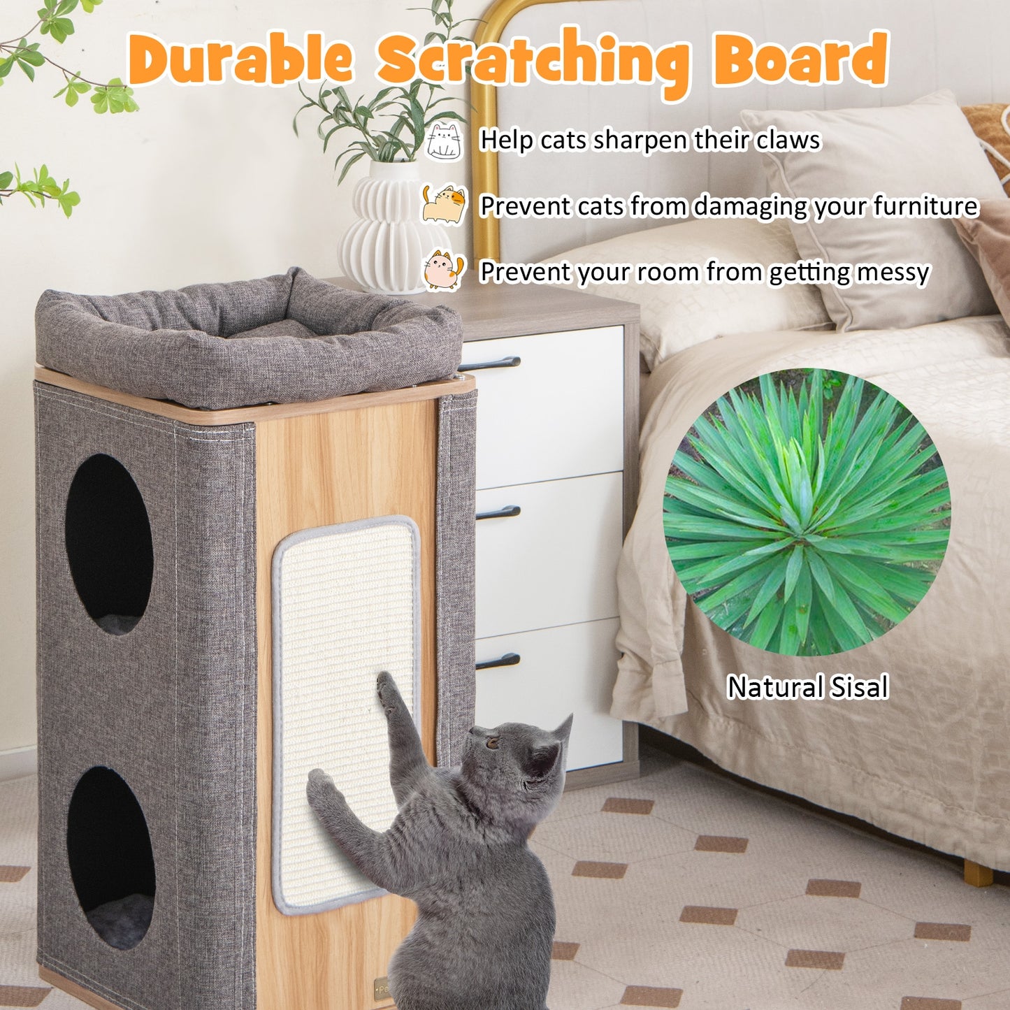 3-Story Cat House with Scratching Board for Indoor Cats, Fully Assembled
