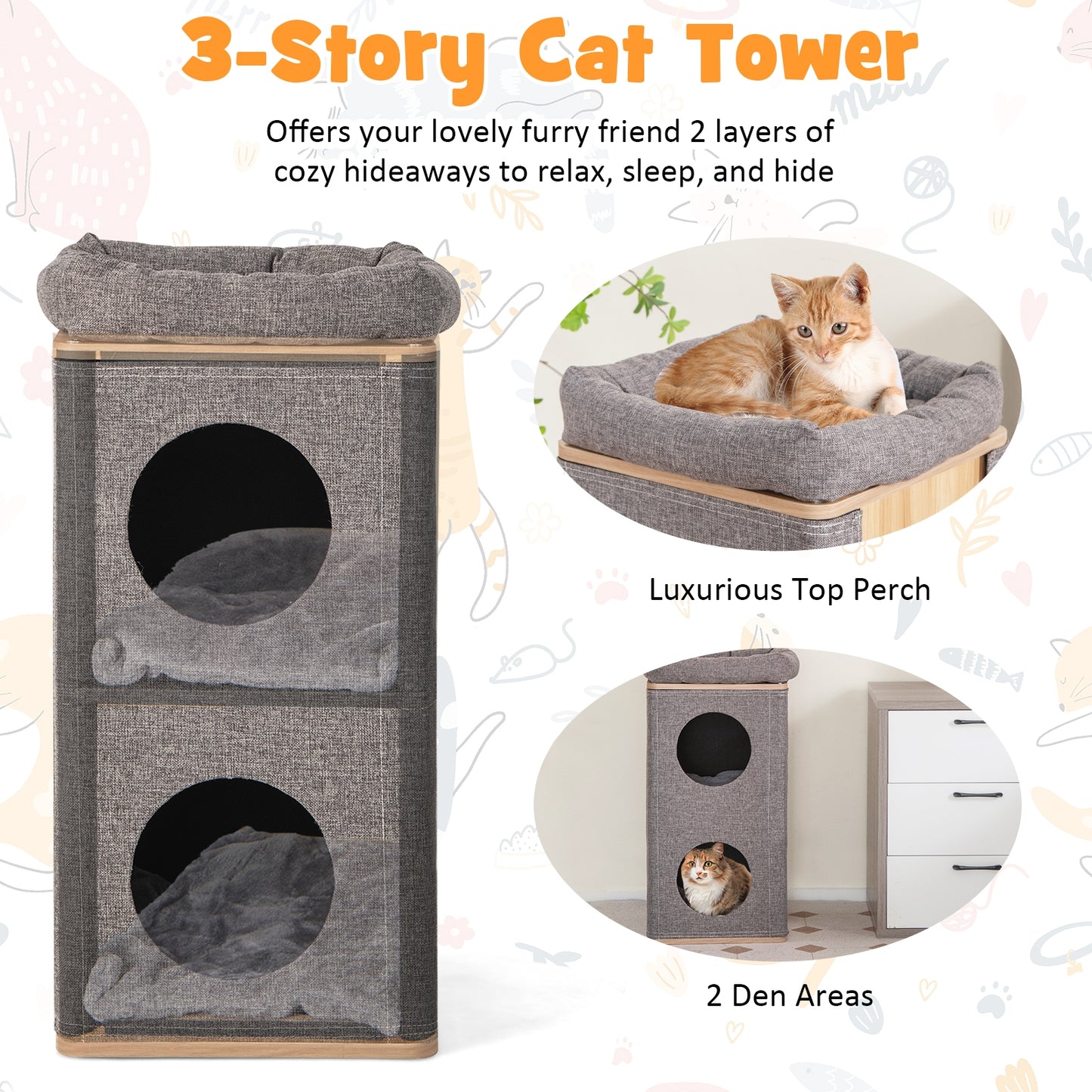 3-Story Cat House with Scratching Board for Indoor Cats, Fully Assembled
