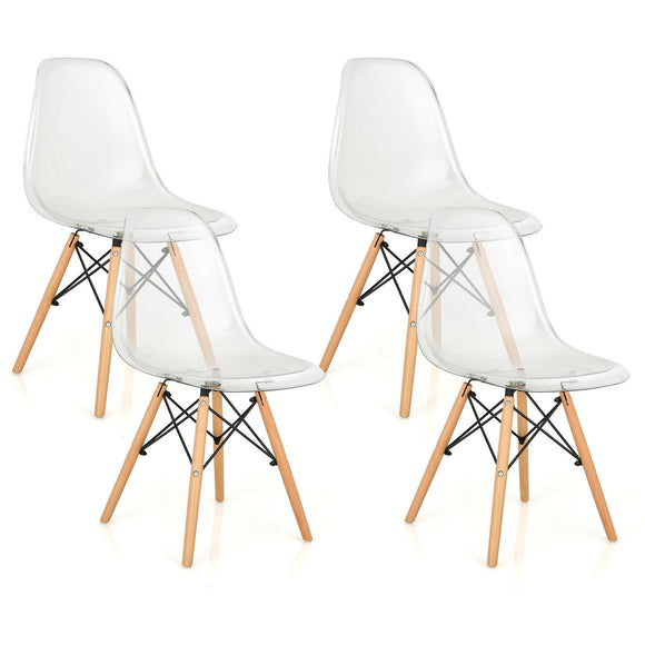 Set of 4 Dining Chairs Modern Plastic Shell Clear Seat and Wood Legs-Transparent