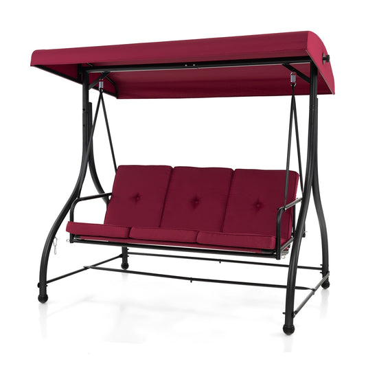 3 Seat Outdoor Porch Swing with Adjustable Canopy-Wine, 1 box