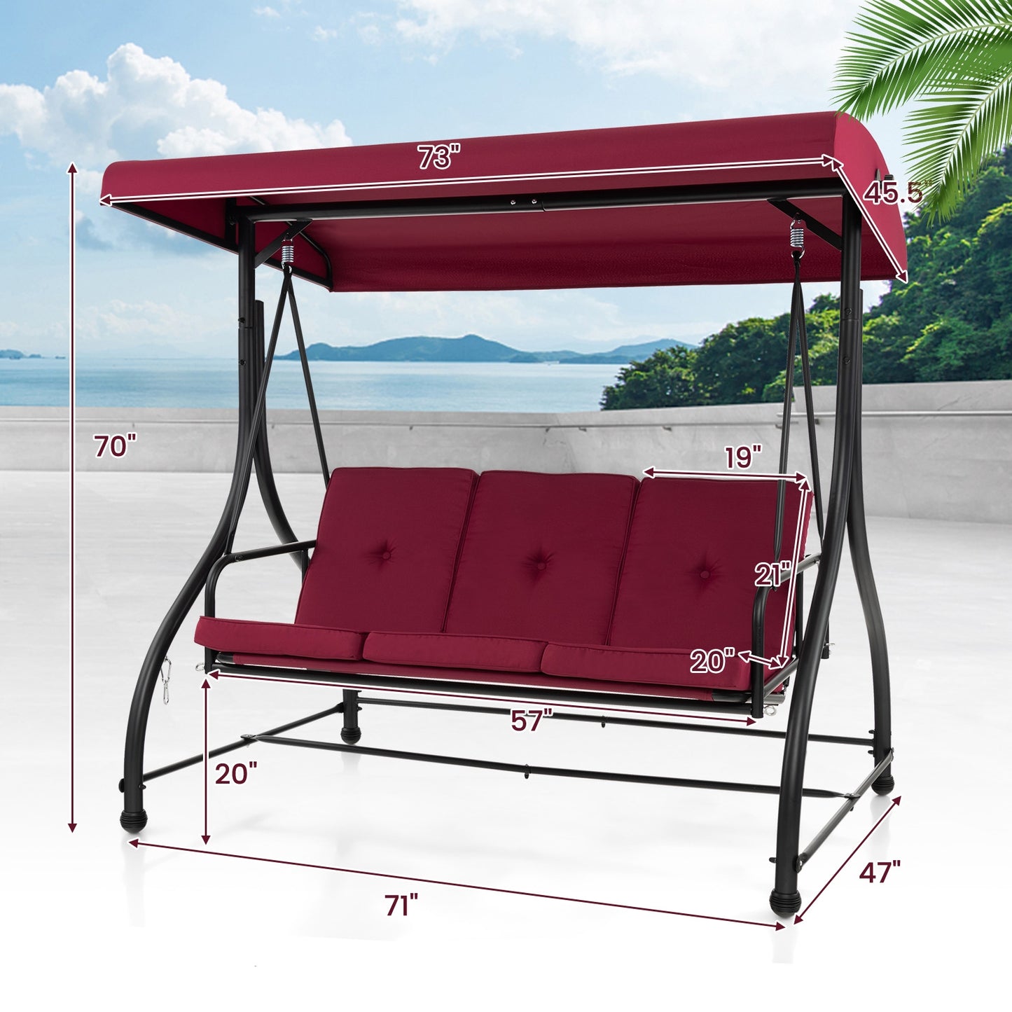 3 Seat Outdoor Porch Swing with Adjustable Canopy-Wine, 1 box