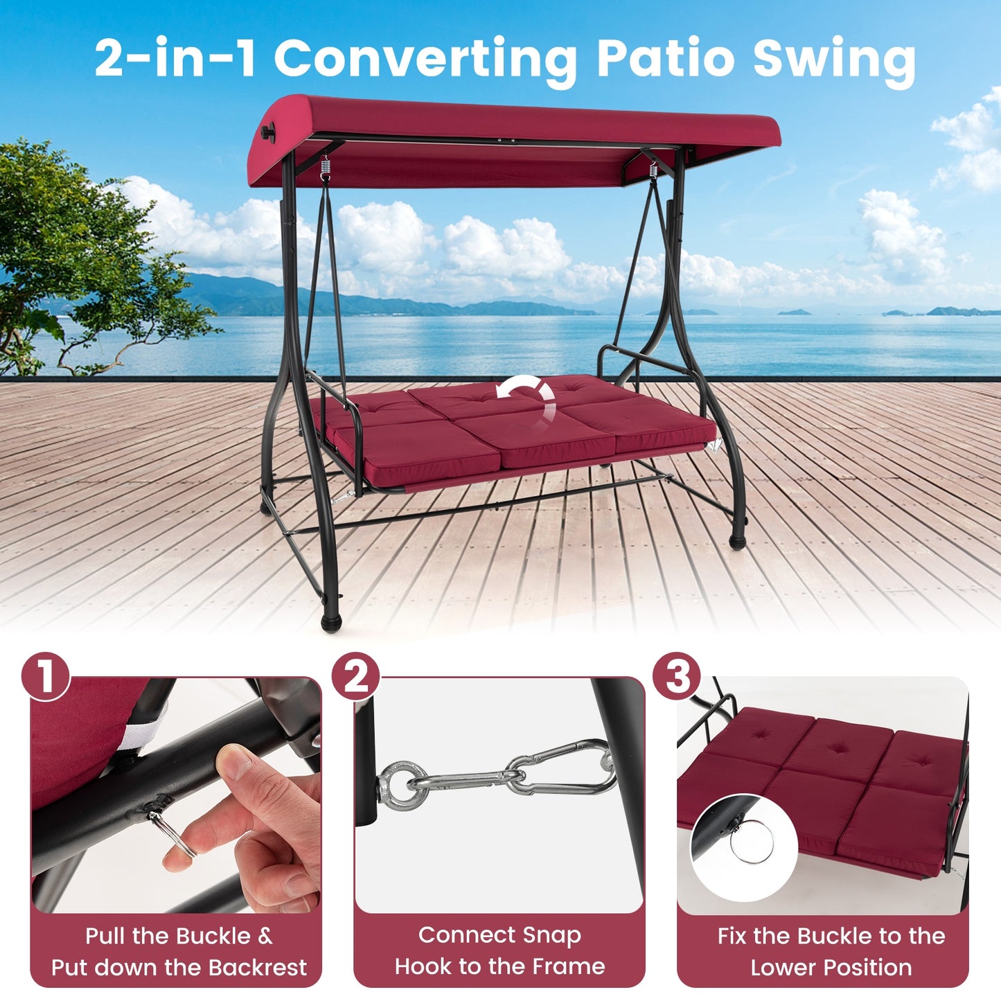3 Seat Outdoor Porch Swing with Adjustable Canopy-Wine, 1 box