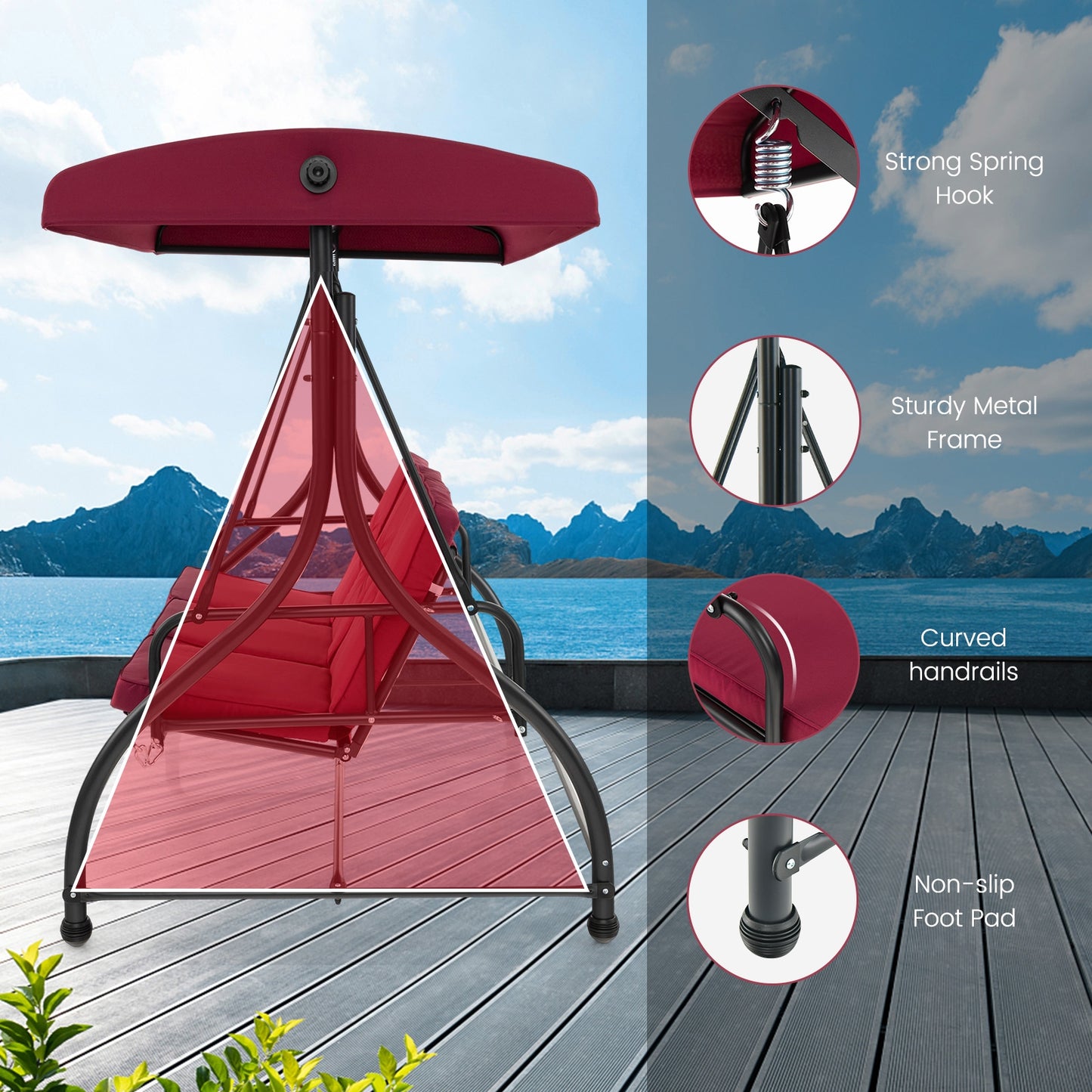 3 Seat Outdoor Porch Swing with Adjustable Canopy-Wine, 1 box
