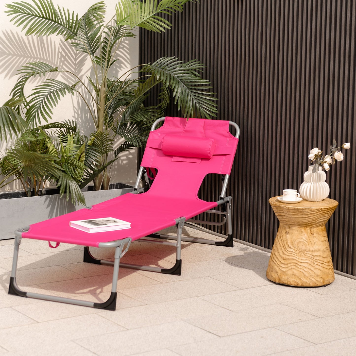No TAX - Folding Beach Lounge Chair with Pillow for Outdoor-Pink