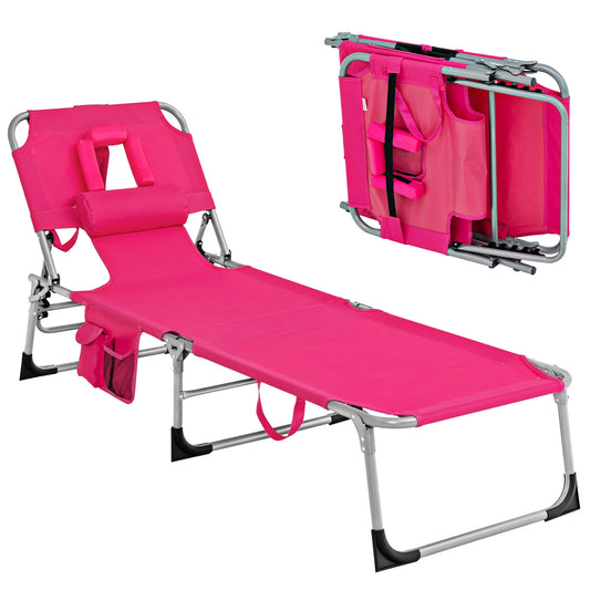 No TAX - Folding Beach Lounge Chair with Pillow for Outdoor-Pink