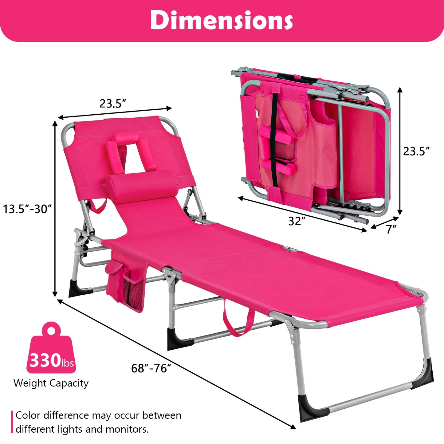 No TAX - Folding Beach Lounge Chair with Pillow for Outdoor-Pink