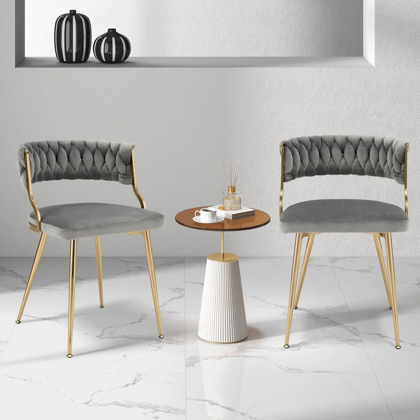 2 Piece, Upholstered Dining Chairs with Golden Metal Legs for Living Room-Gray