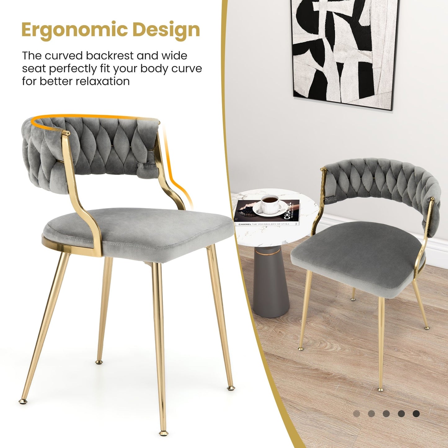 2 Piece, Upholstered Dining Chairs with Golden Metal Legs for Living Room-Gray