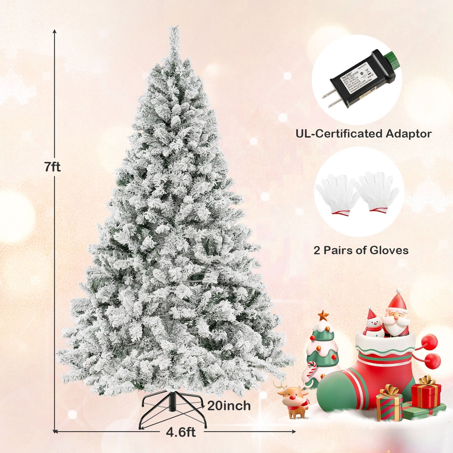 7 Feet Pre-lit Artificial Xmas Tree , white flocked, quick fluff tree