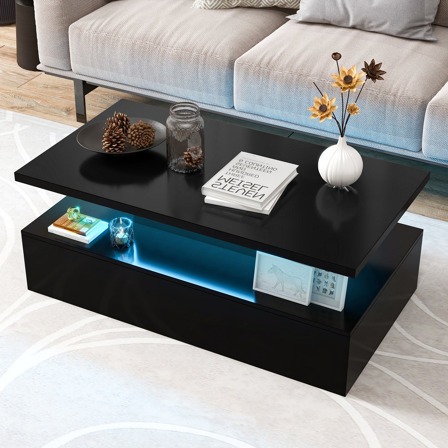 2-tier High Glossy Table-Black (Scratch and Dent, Missing LED)