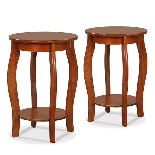 Set of 2 15 Inch 2-Tier Round End Table with Storage Shelf-Walnut (Scratch and Dent)