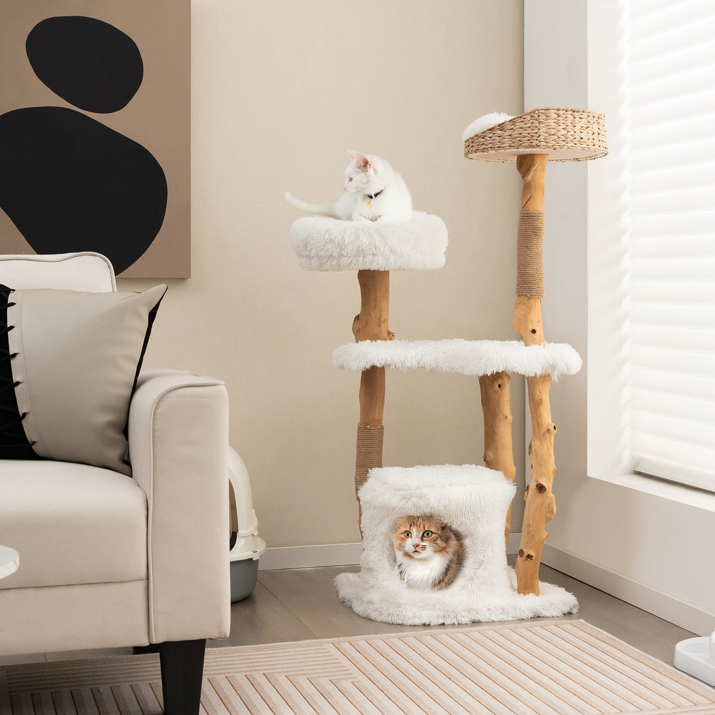 Solid Wood Cat Tower with Top Cattail Basket Cat Bed for Indoor Cats-White (Copy)