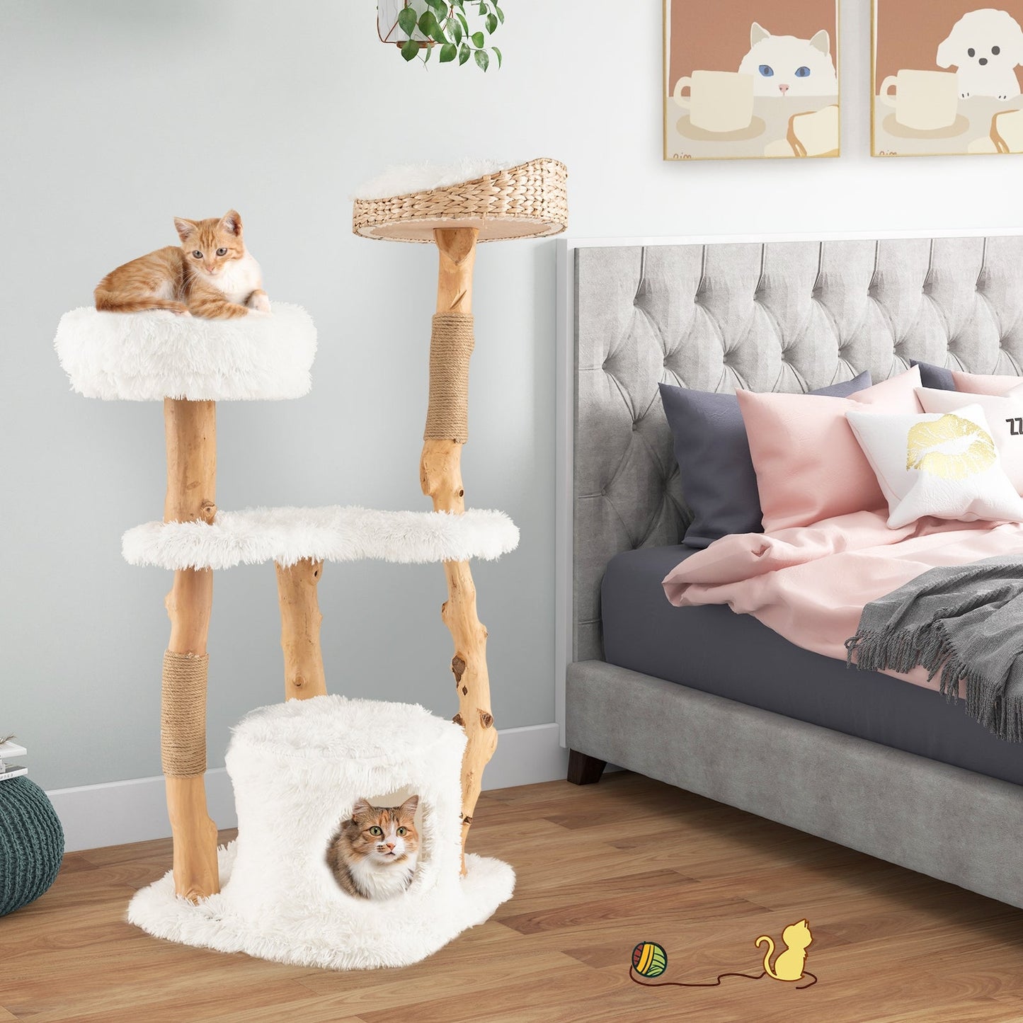 Solid Wood Cat Tower with Top Cattail Basket Cat Bed for Indoor Cats-White (Copy)