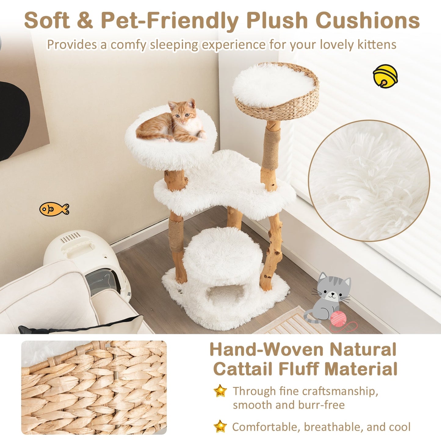 Solid Wood Cat Tower with Top Cattail Basket Cat Bed for Indoor Cats-White (Copy)