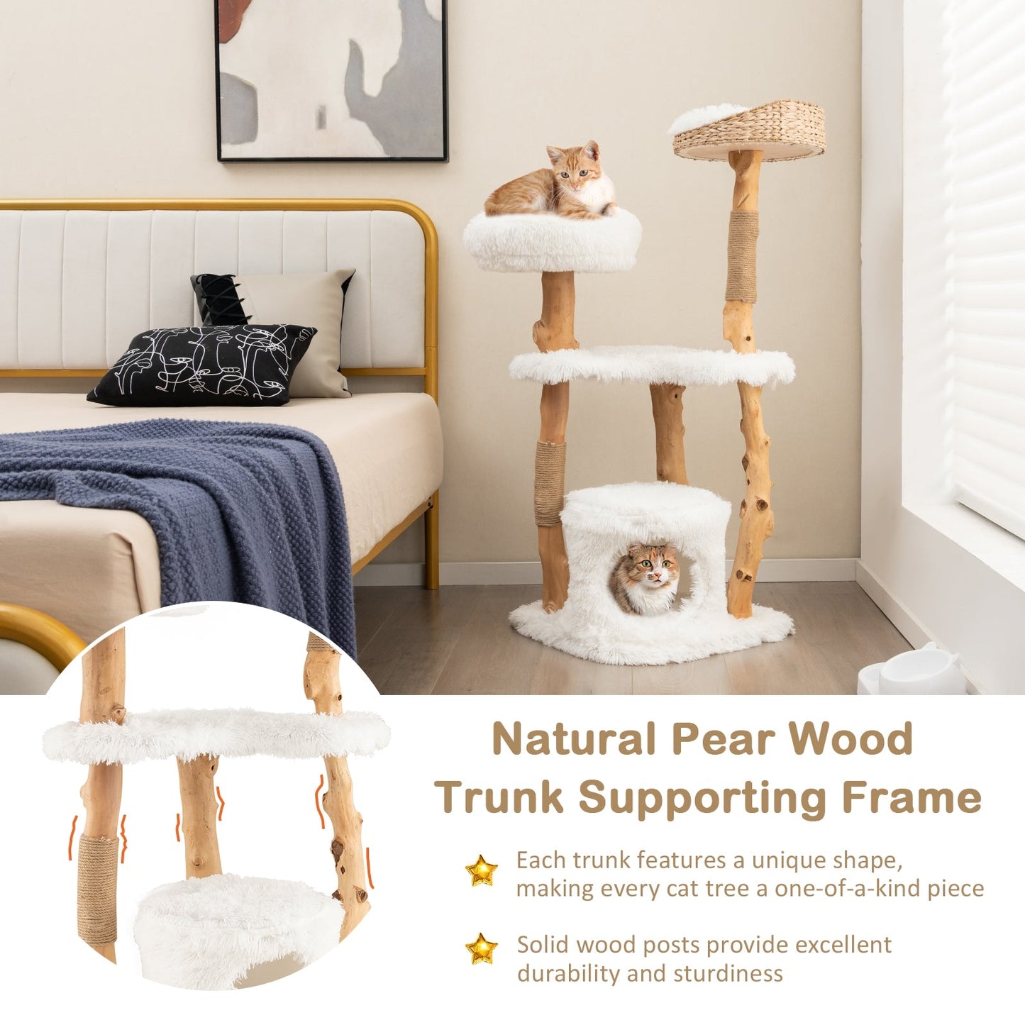 Solid Wood Cat Tower with Top Cattail Basket Cat Bed for Indoor Cats-White (Copy)