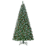 Snow flocked, Berries, Pine Cone Christmas Tree with Warm White LED Lights-9 ft