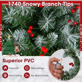 Snow flocked, Berries, Pine Cone Christmas Tree with Warm White LED Lights-9 ft