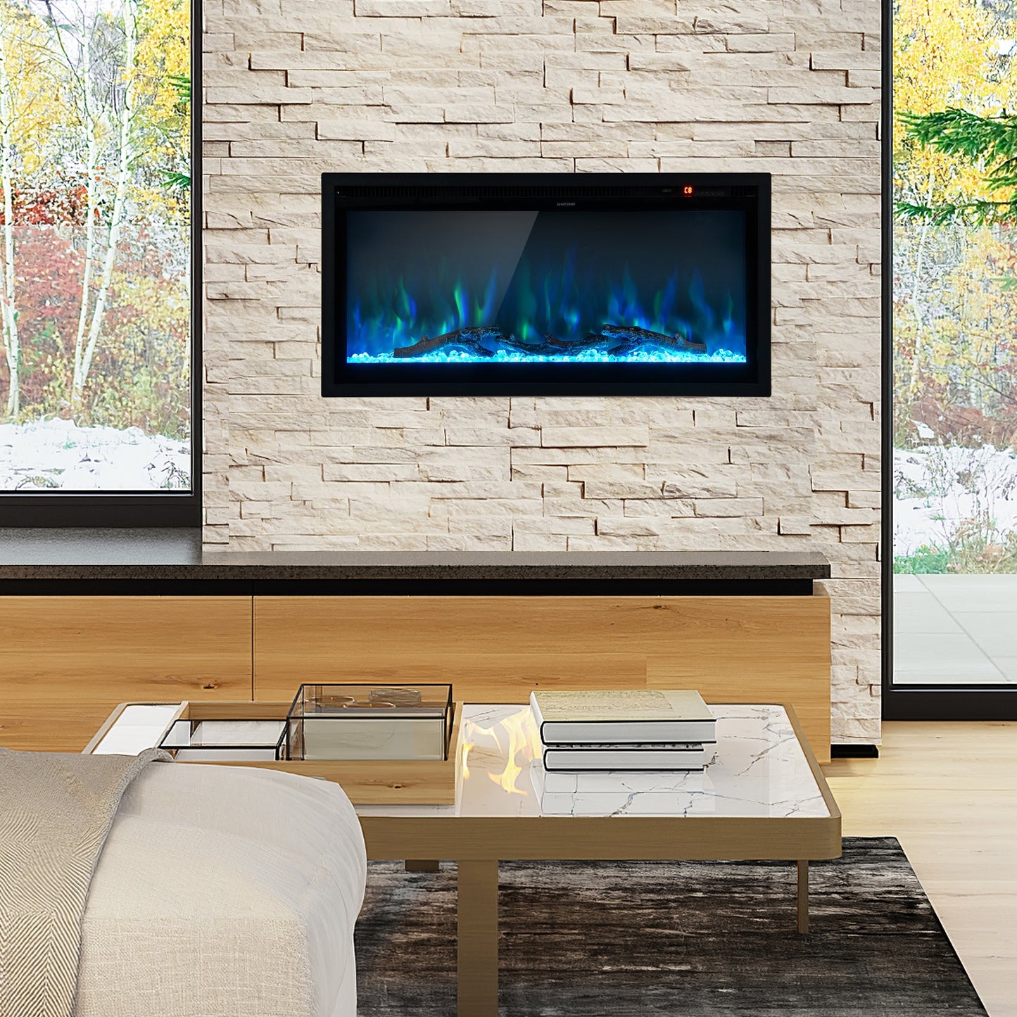36" Electric Fireplace with Remote Control and Adjustable Color and Brightness (1 Box)
