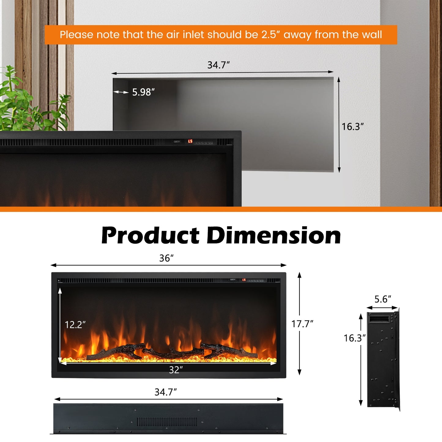36" Electric Fireplace with Remote Control and Adjustable Color and Brightness (1 Box)