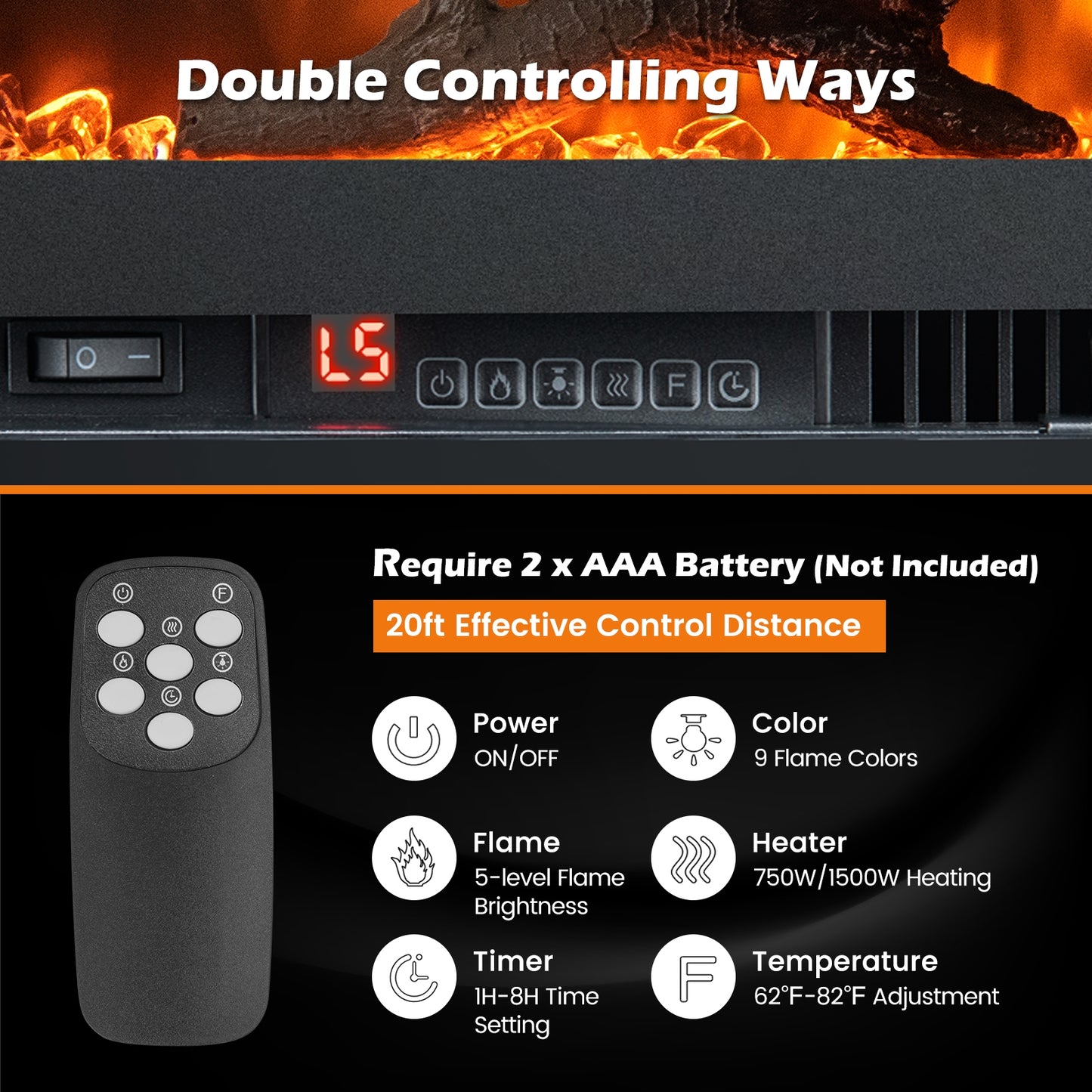 36" Electric Fireplace with Remote Control and Adjustable Color and Brightness (1 Box)