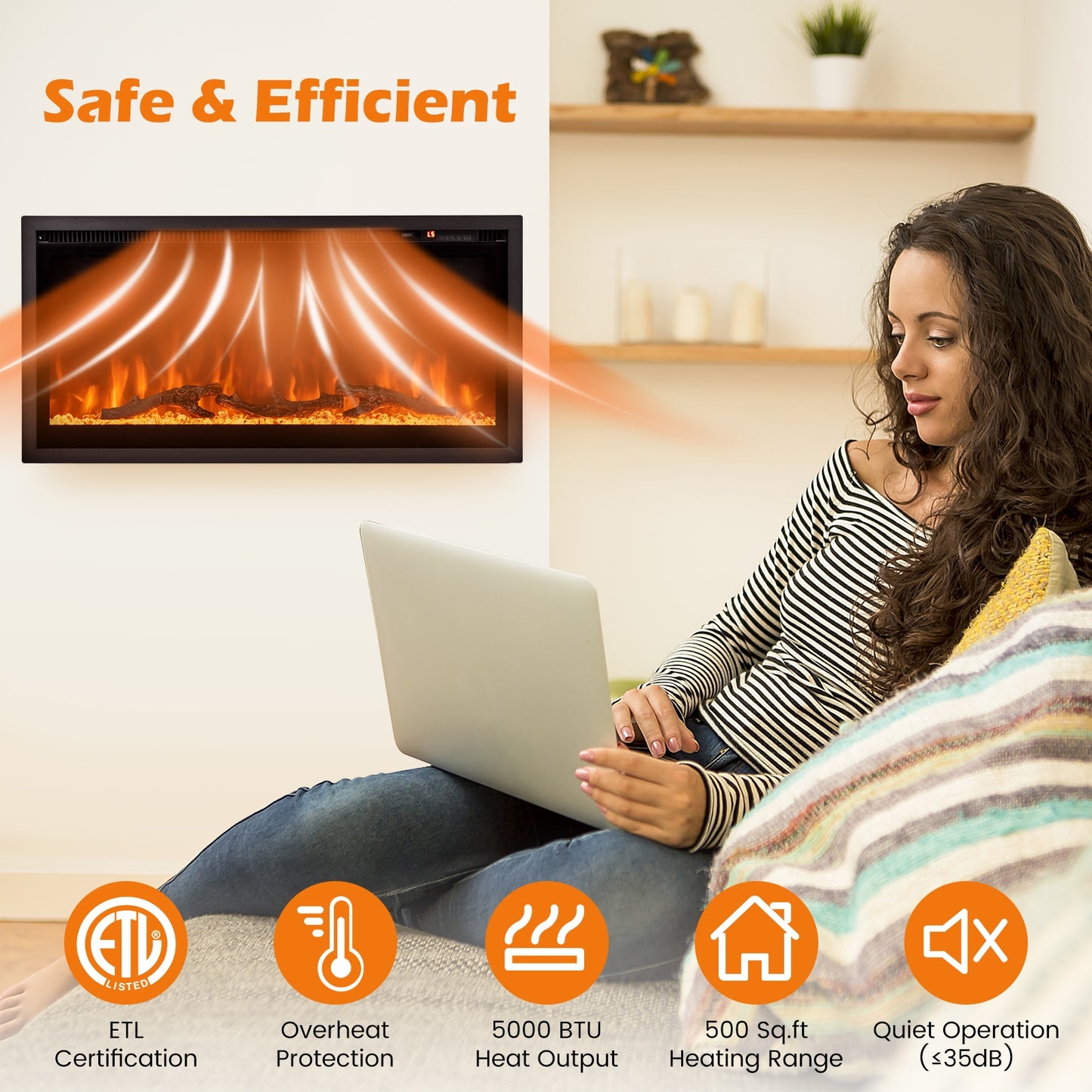 36" Electric Fireplace with Remote Control and Adjustable Color and Brightness (1 Box)