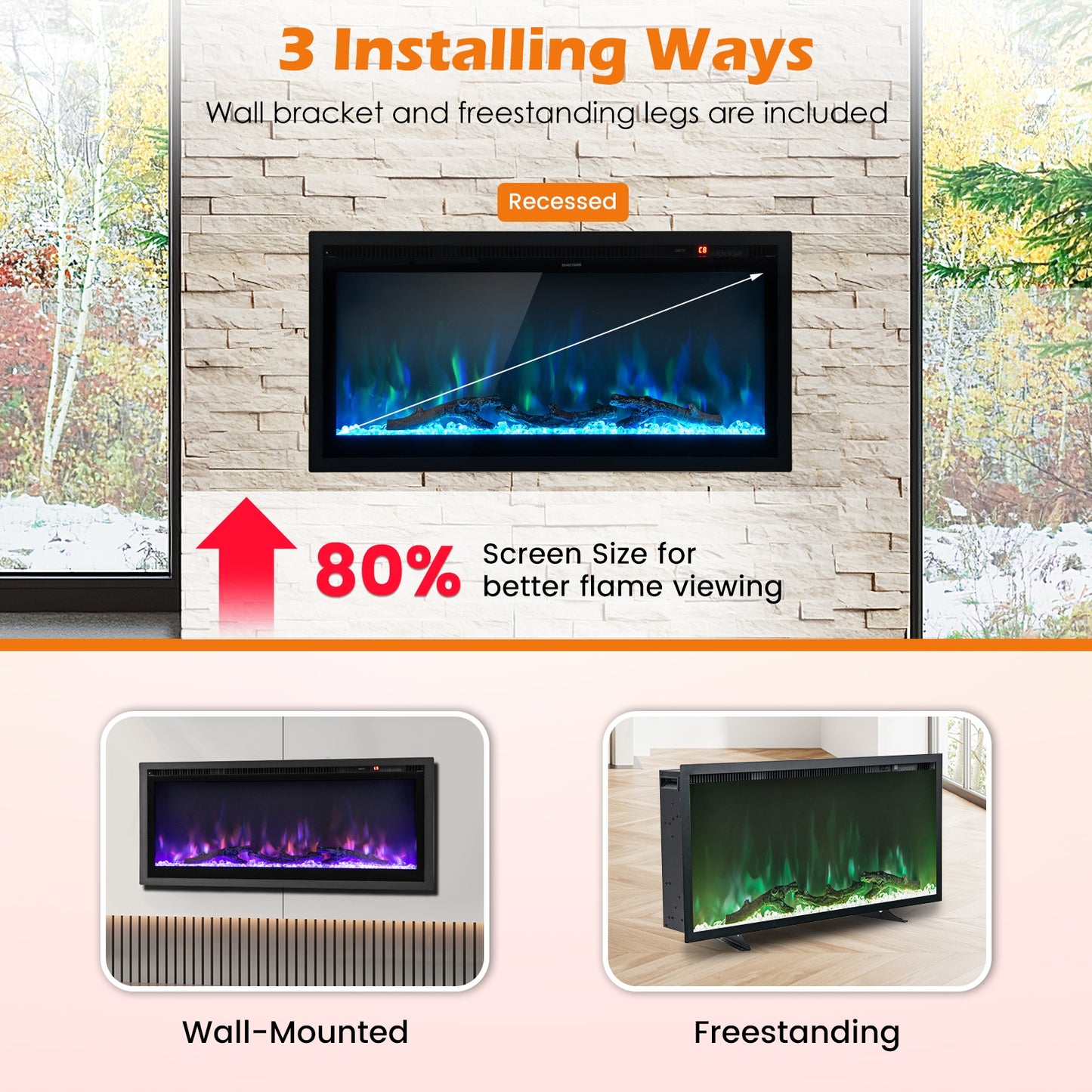 36" Electric Fireplace with Remote Control and Adjustable Color and Brightness (1 Box)
