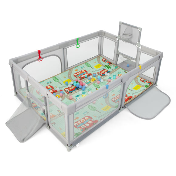 SPECIAL, 81``x57``Large Baby Playpen with Mat and Ocean Balls-Light gray, 1 Box, unassembled