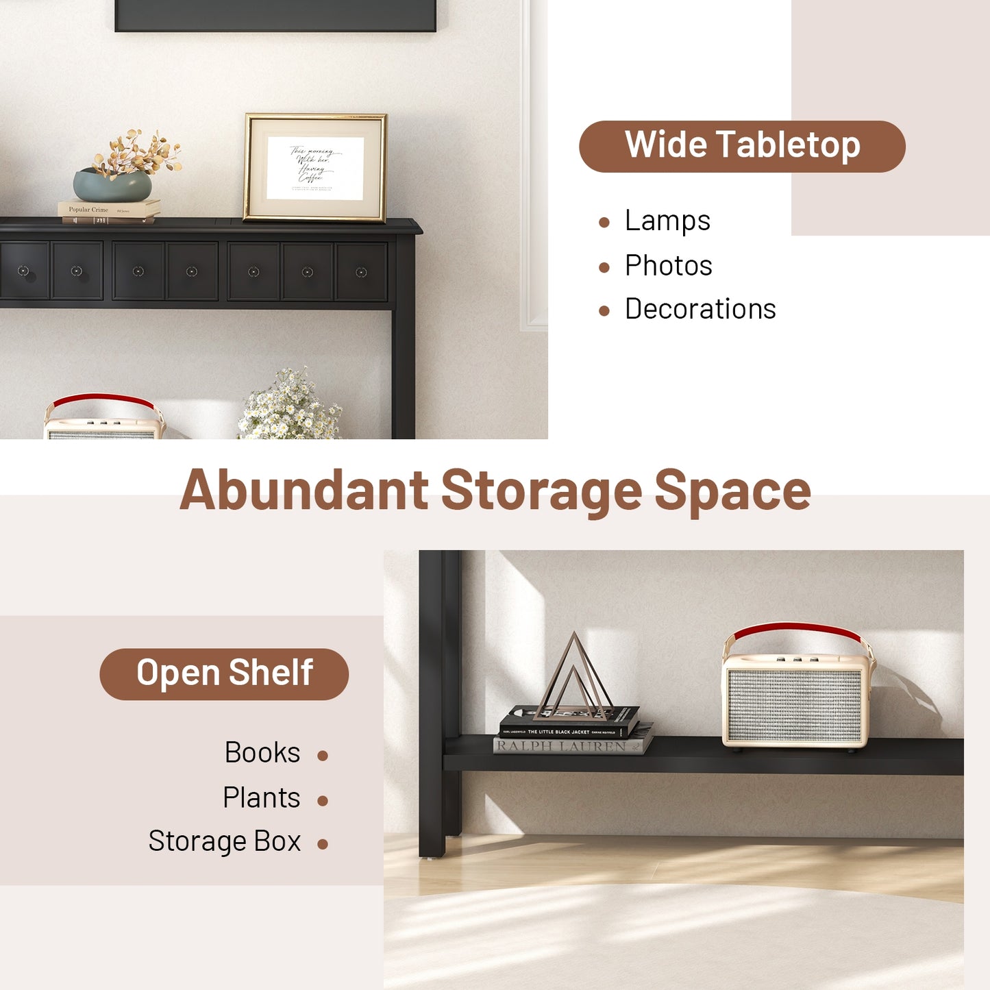 SPECIAL - 60 Inch Sofa Table with 4 Drawers and Open Shelf-Black (Shipping Damage)