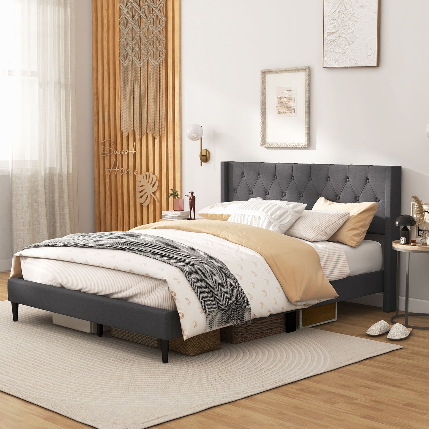 *SPECIAL* Queen Size Upholstered Platform Bed with Button Tufted Wingback Headboard-Gray