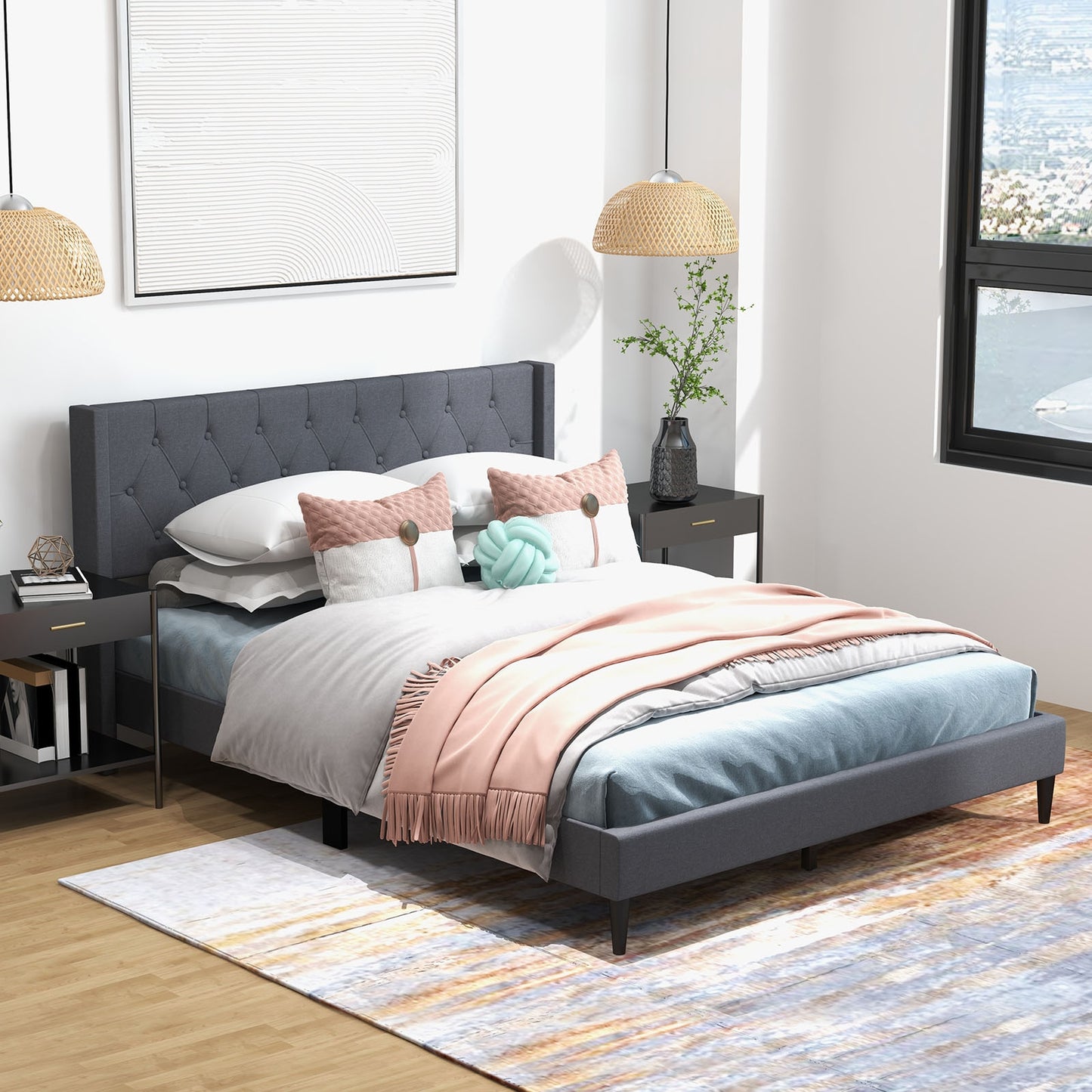 *SPECIAL* Queen Size Upholstered Platform Bed with Button Tufted Wingback Headboard-Gray
