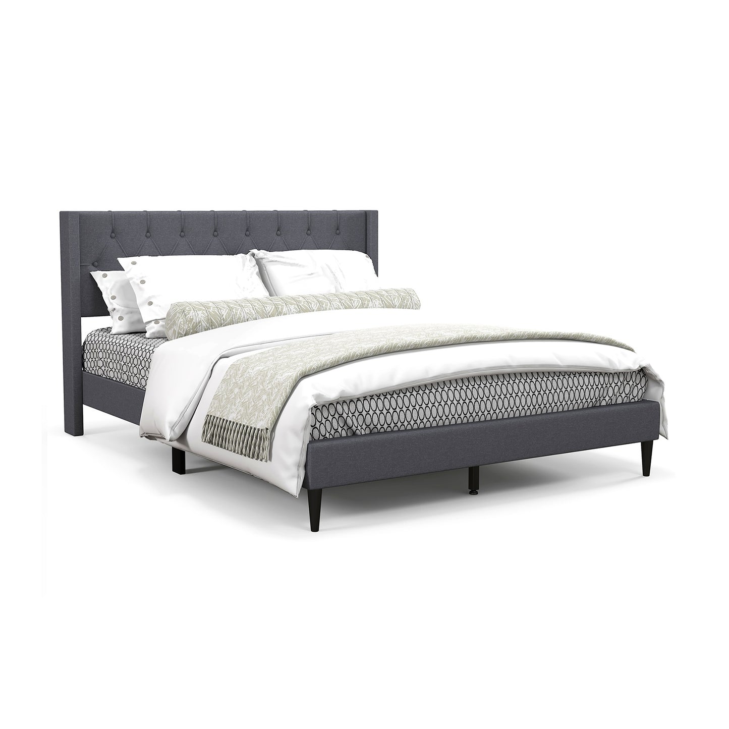*SPECIAL* Queen Size Upholstered Platform Bed with Button Tufted Wingback Headboard-Gray