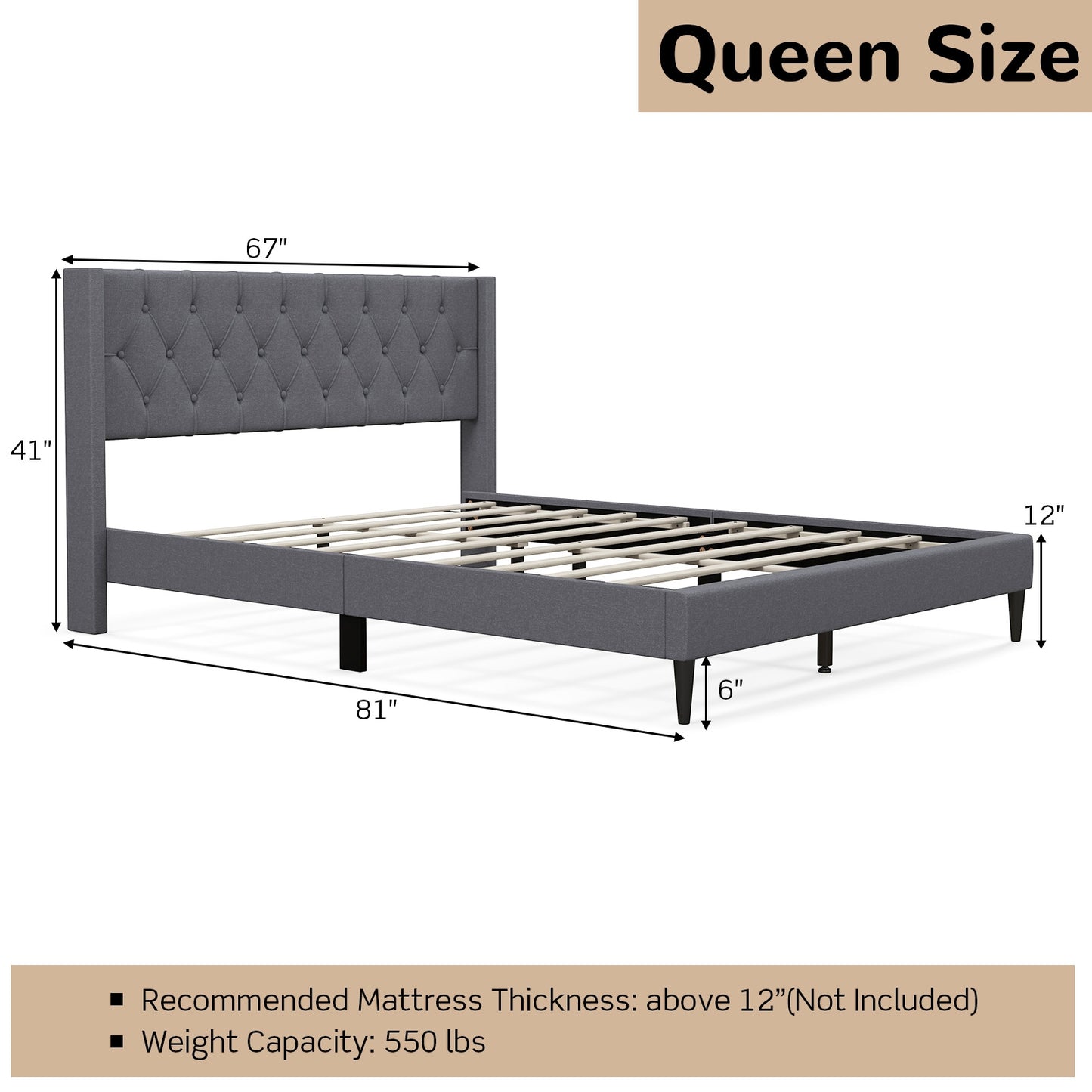 *SPECIAL* Queen Size Upholstered Platform Bed with Button Tufted Wingback Headboard-Gray