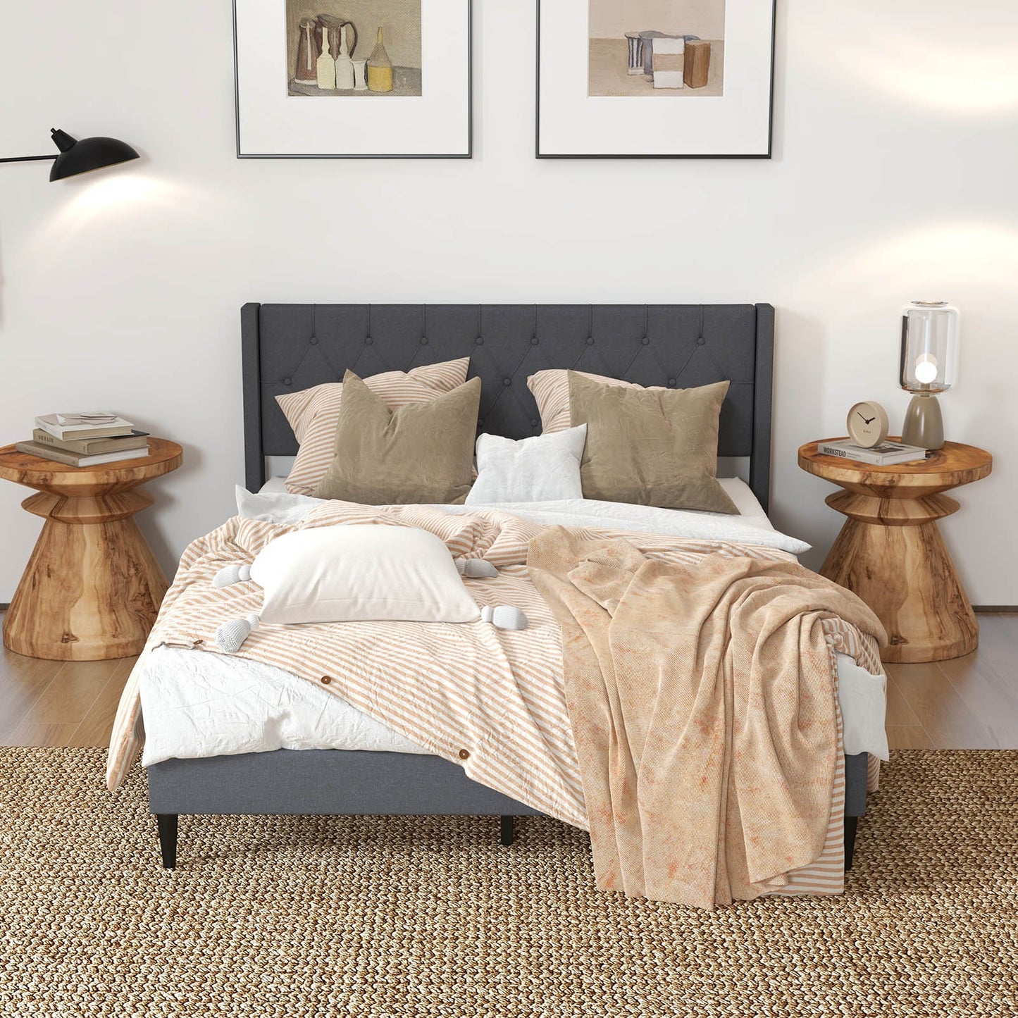*SPECIAL* Queen Size Upholstered Platform Bed with Button Tufted Wingback Headboard-Gray