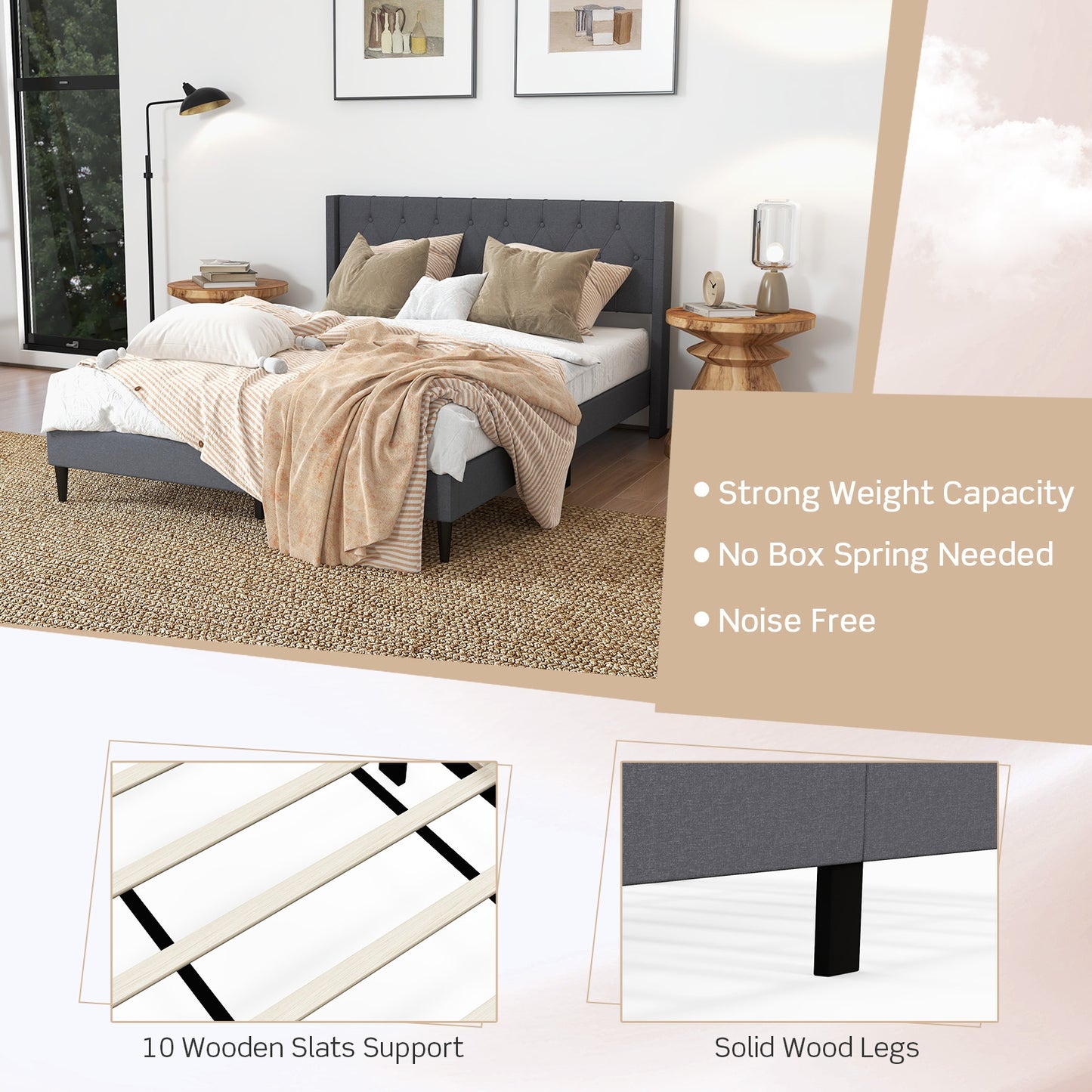*SPECIAL* Queen Size Upholstered Platform Bed with Button Tufted Wingback Headboard-Gray