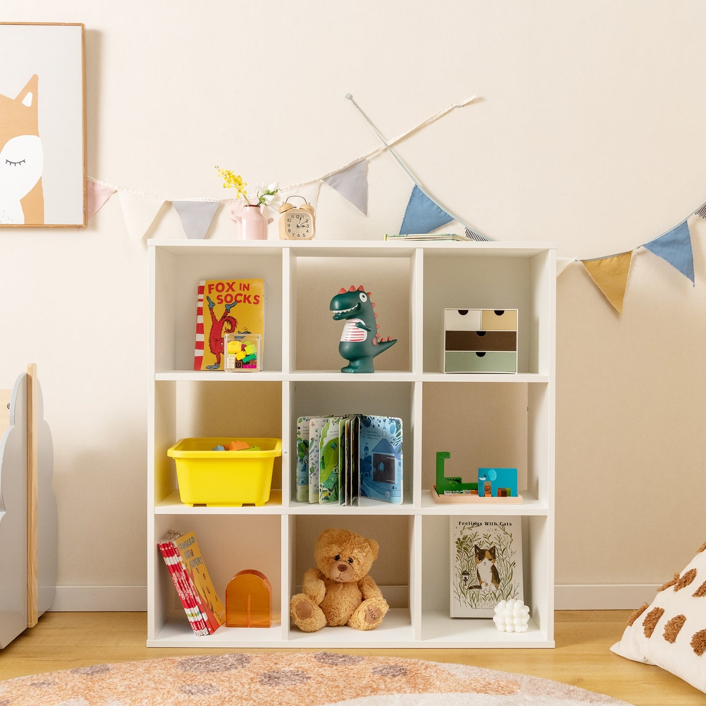 Wooden Kids Bookcase with Storage Cubbies and Anti-toppling Devices-White