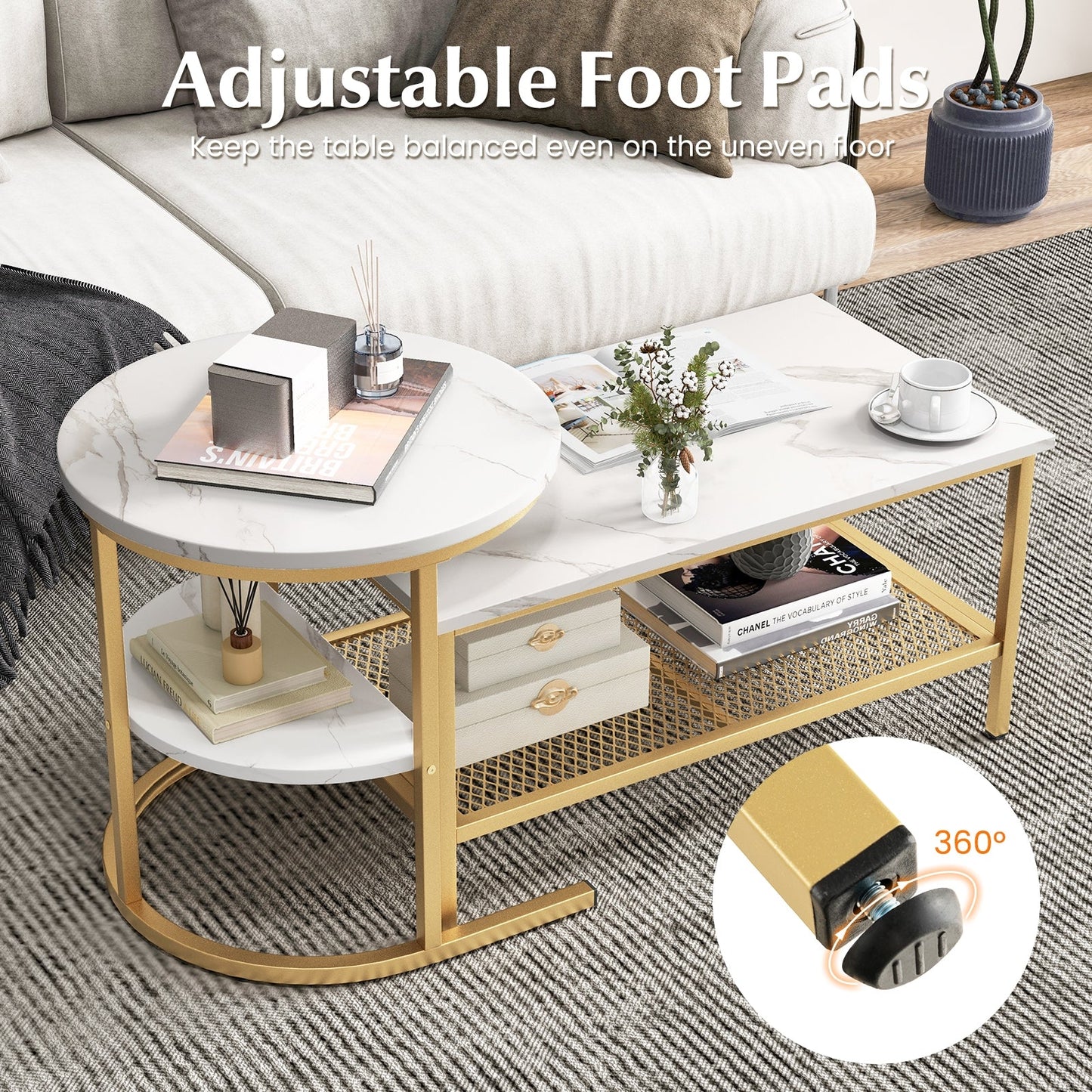 Set of 2 Nesting Coffee Table with Extra Storage Shelf for Living Room-Golden (Assembled)